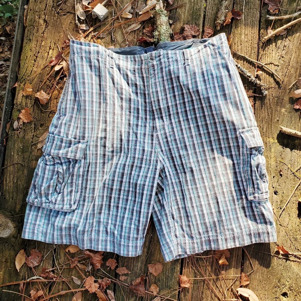 Teal Blue and Grey Ecko Untld. plaid cargo shorts